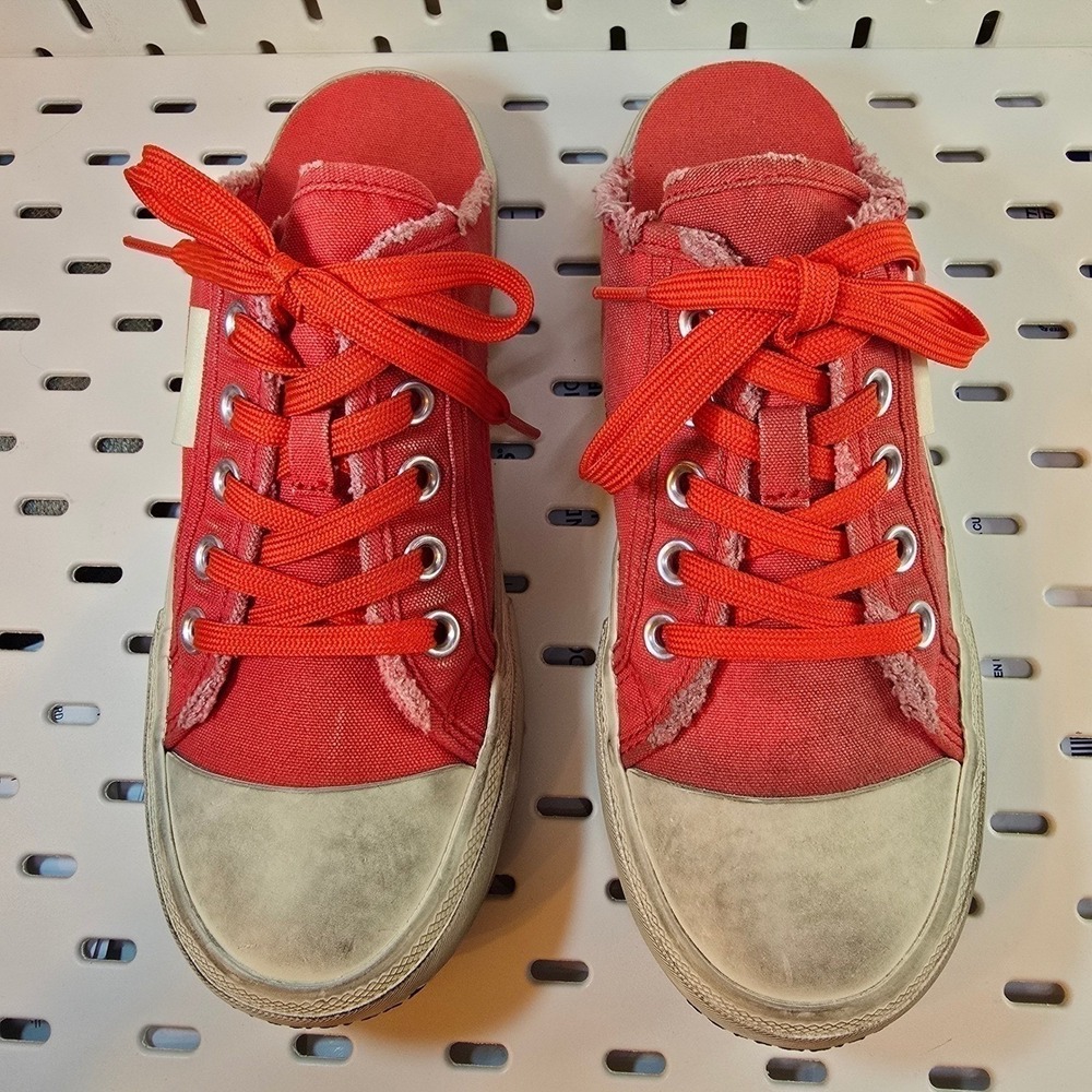 BALENCIAGA Womens Red Paris Canvas Mule Sneakers Sz 37 Distressed Streetwear Y2K - Picture 6 of 16